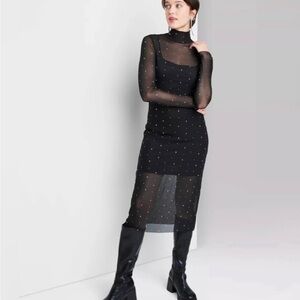 Black mesh rhinestone midi dress